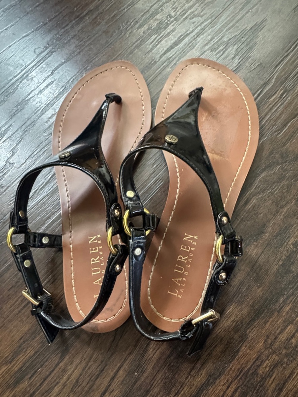 LAUREN Ralph Lauren Black Patent Leather T-Strap Sandals with Tan Footbed - Picture 8 of 10